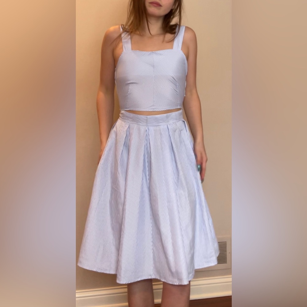 Blue/white pinstripe skirt/top set